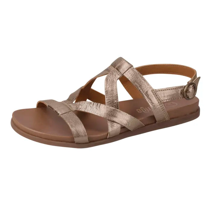 A single women's flat sandal with metallic champagne-gold crisscross straps and a brown footbed, shown from a side profile on a white background.