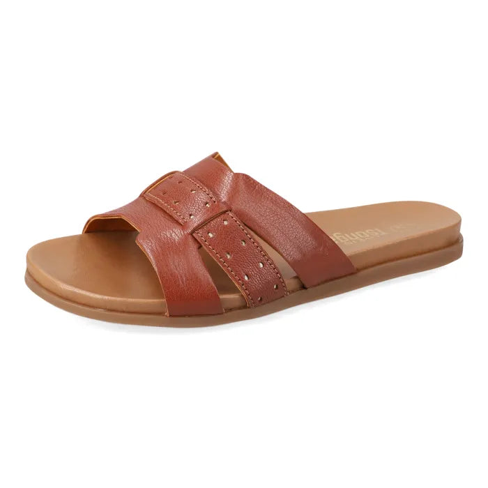 A single brown leather slide sandal with perforated straps and a tan footbed, shown from a side profile on a white background.