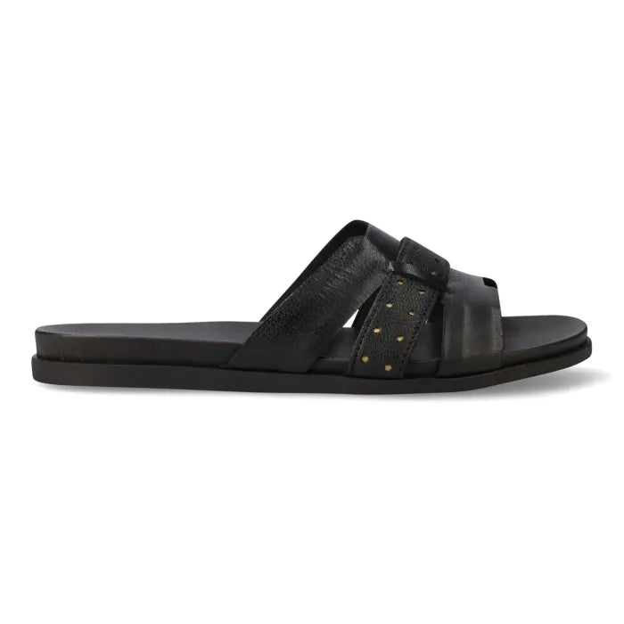 Black slide sandal with a brand logo on a white background