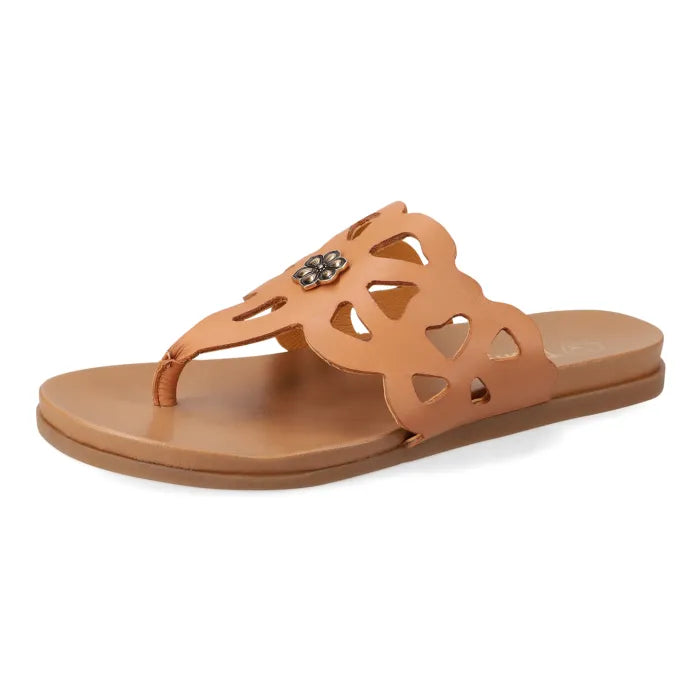 A single tan leather slide sandal with a cutout strap featuring a small rhinestone embellishment, shown on a plain white background.