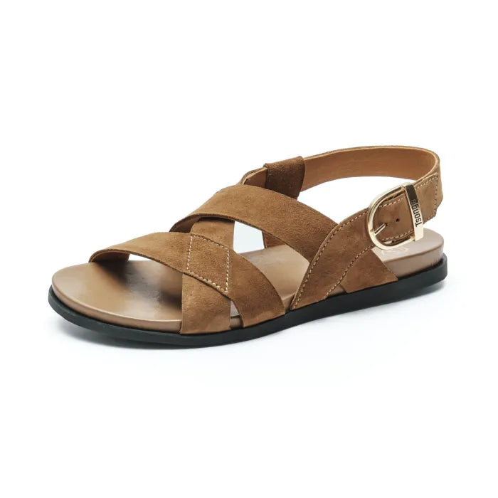 A single brown suede-like strappy sandal with an adjustable ankle strap and a gold-tone buckle, shown in profile against a plain white background.