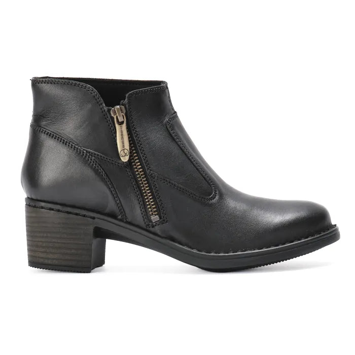 Black ankle boot with a gold zipper on a white background