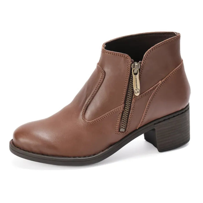 Brown leather ankle boot with a zipper on a white background