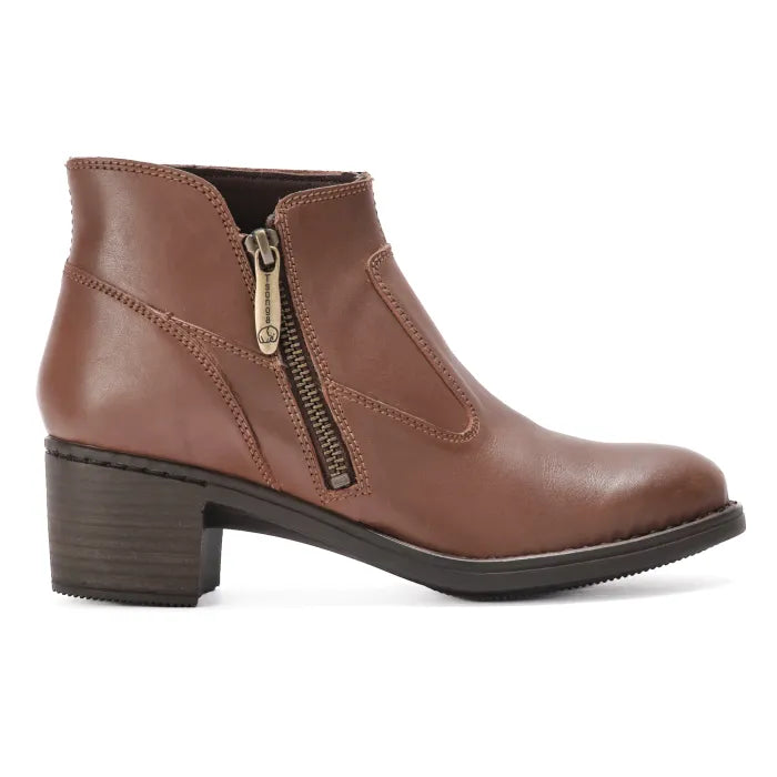 Brown ankle boot with a gold zipper on a white background