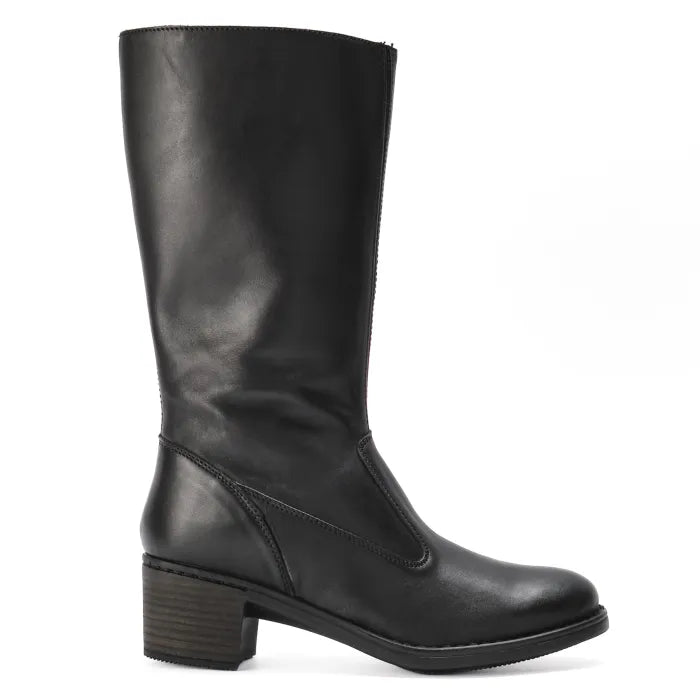 Black leather knee-high boot on a white background