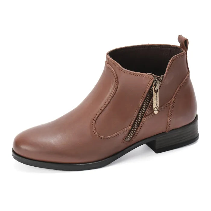 Brown leather ankle boot with a zipper on a white background