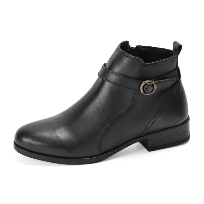 Black leather ankle boot with a strap on a white background