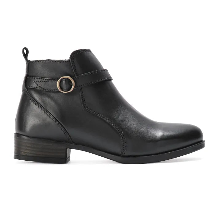 Black leather boot with a strap on a white background