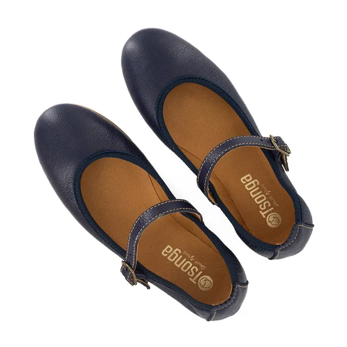 Pair of navy blue pump with brown soles on a white background