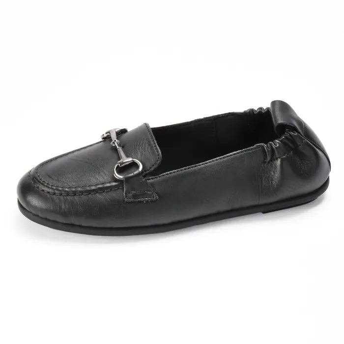 Black leather loafer with a trim on a white background