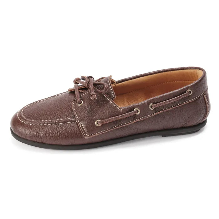 Brown leather boat shoe on a white background