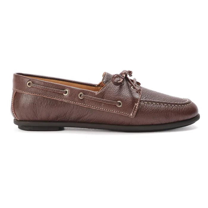 Brown leather boat shoe on a white background
