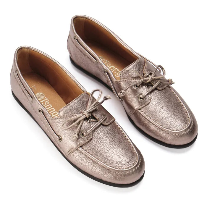 Pair of metallic bronze loafers on a white background