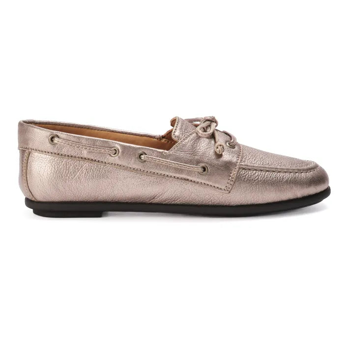 Bronze metallic loafer shoe on a white background