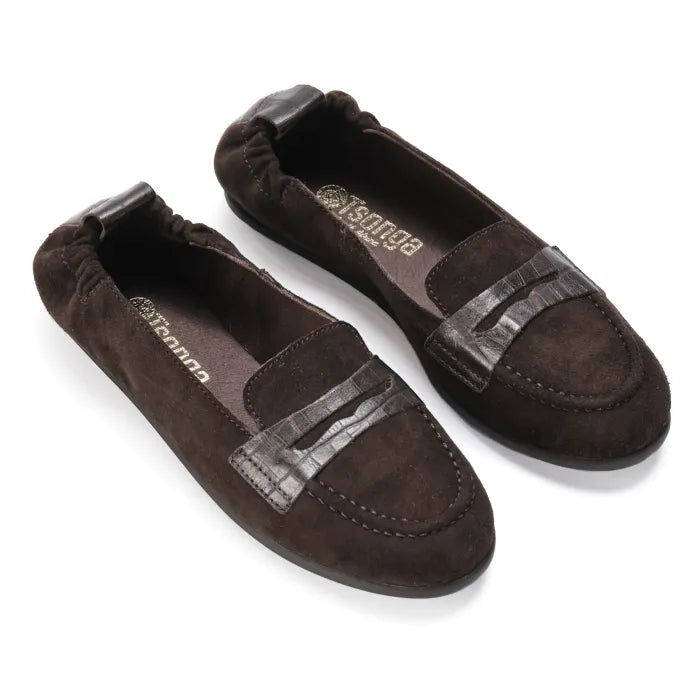 Pair of brown loafers with metallic accents on a white background