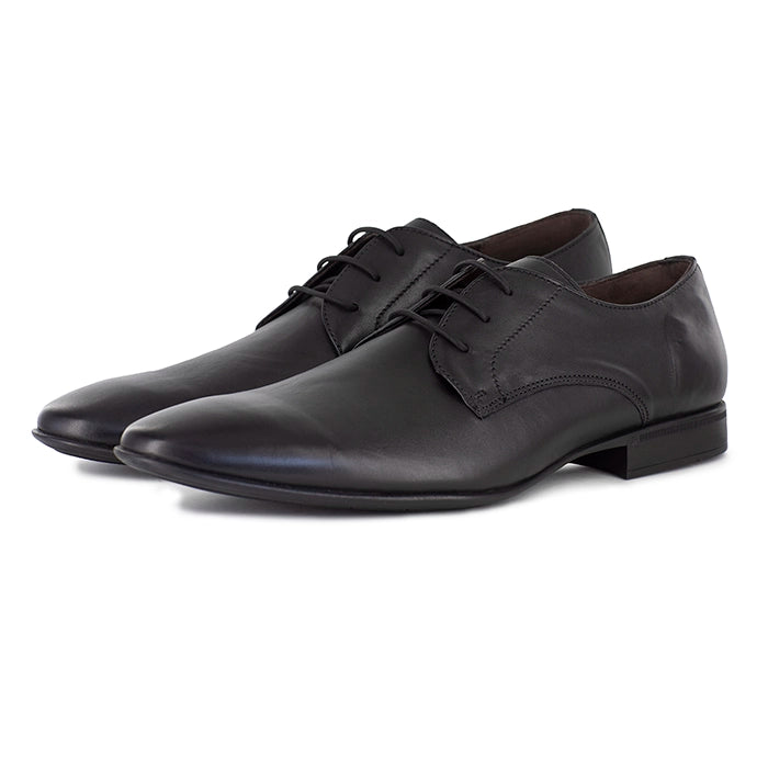 Men's black leather formal lace-up shoe with sleek, minimalist design and low heel, perfect for business or dress occasions.