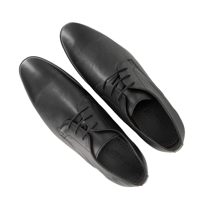 Men's black leather formal lace-up shoe with sleek, minimalist design and low heel, perfect for business or dress occasions.