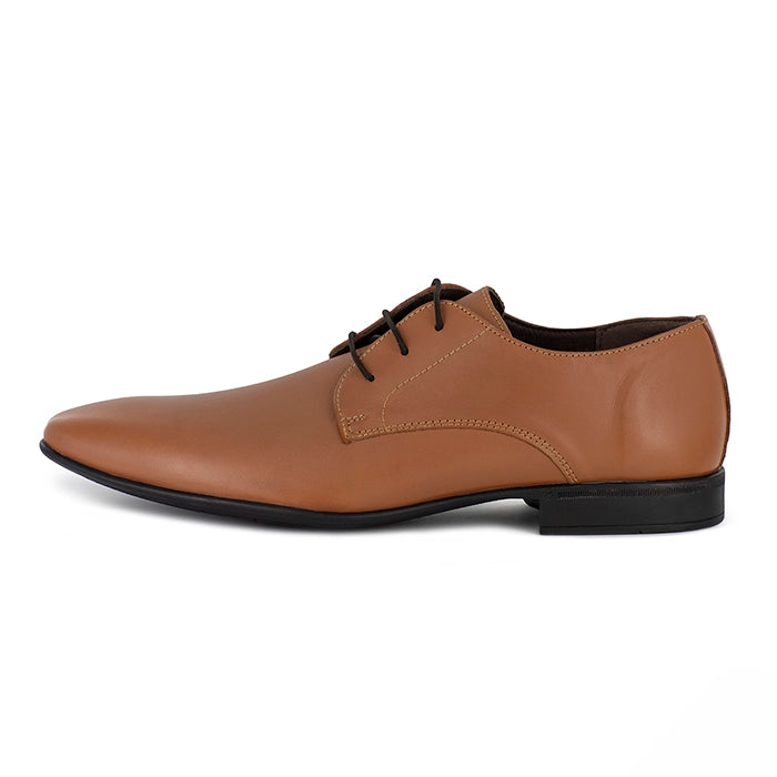 Brown leather dress shoe on a white background