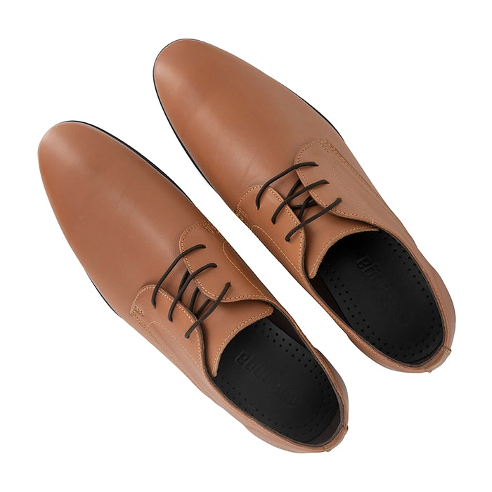 Pair of brown leather shoes with black laces on a white background