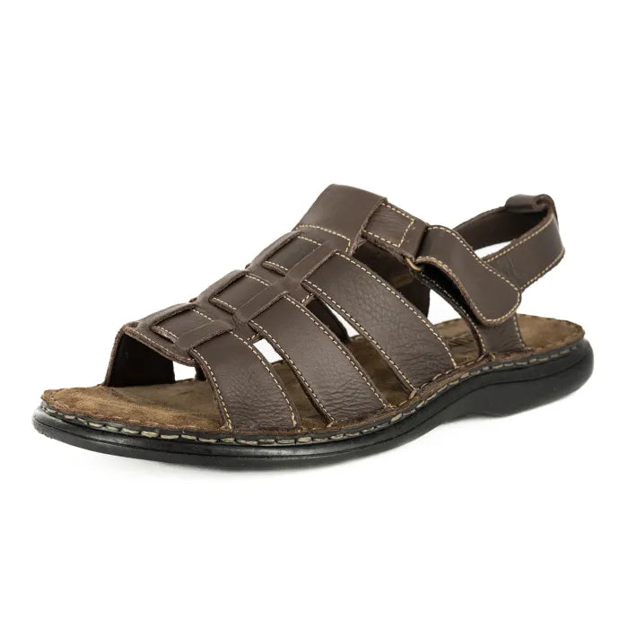 Brown sandal with multiple straps on a white background