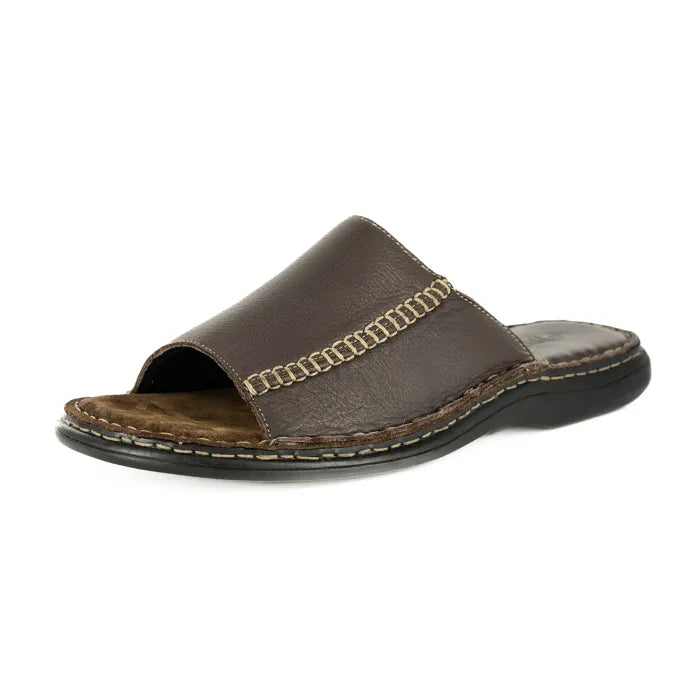 A dark brown leather slide sandal with a decorative gold-tone chain detail across the strap, set against a plain white background.
