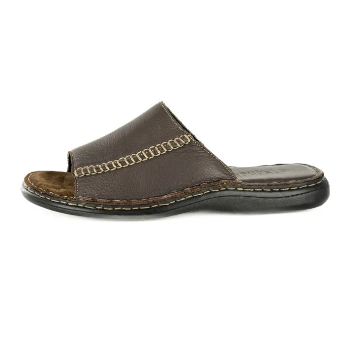 A single dark brown leather slide sandal with a decorative stitched strap and a black sole, shown in profile against a plain white background.