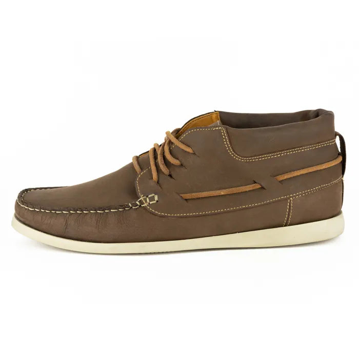 Brown leather shoe with off-white sole on a white background