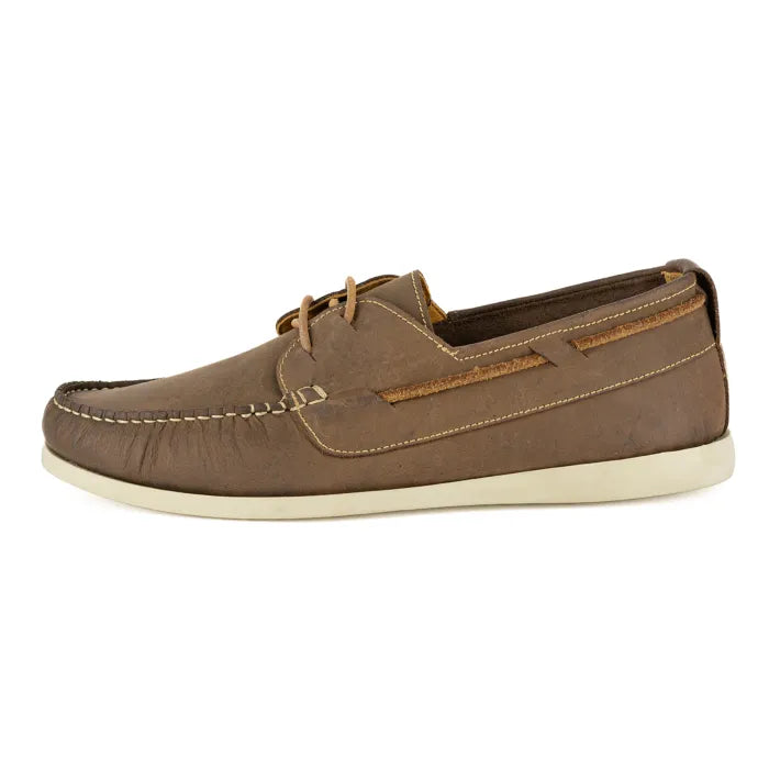 Brown leather boat shoe on a white background