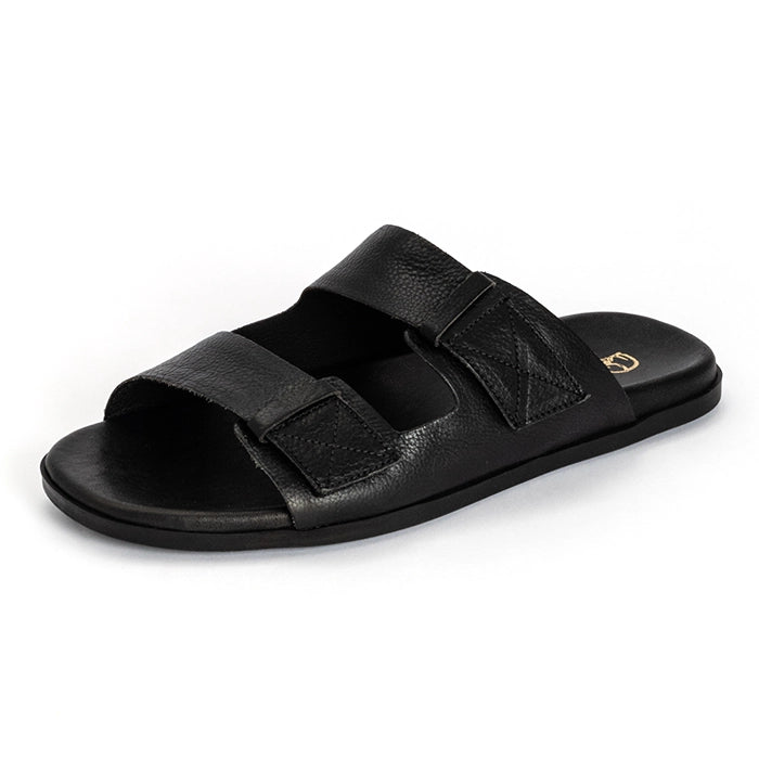 A single black leather slide sandal with two adjustable straps, shown from a three-quarters angle on a white background.