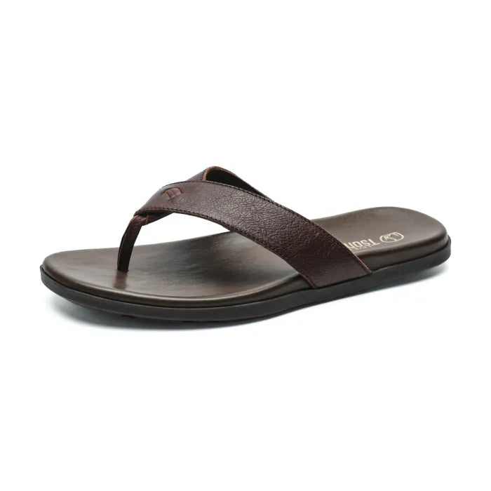 A single men's thong sandal in dark brown leather, shown from a side profile view on a clean white background.