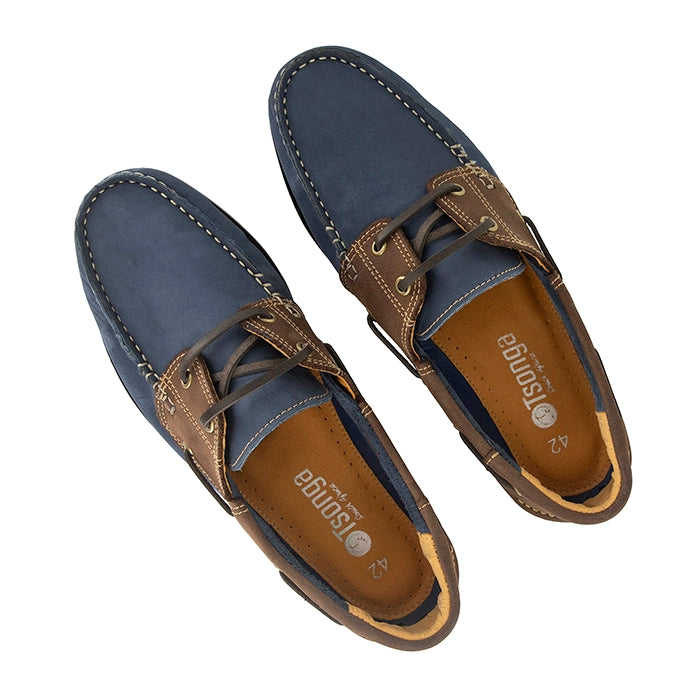 Pair of blue and brown loafers on a white background