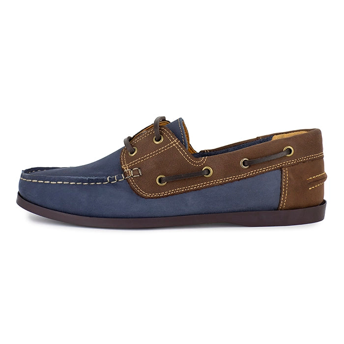 Blue and brown boat shoe on a white background