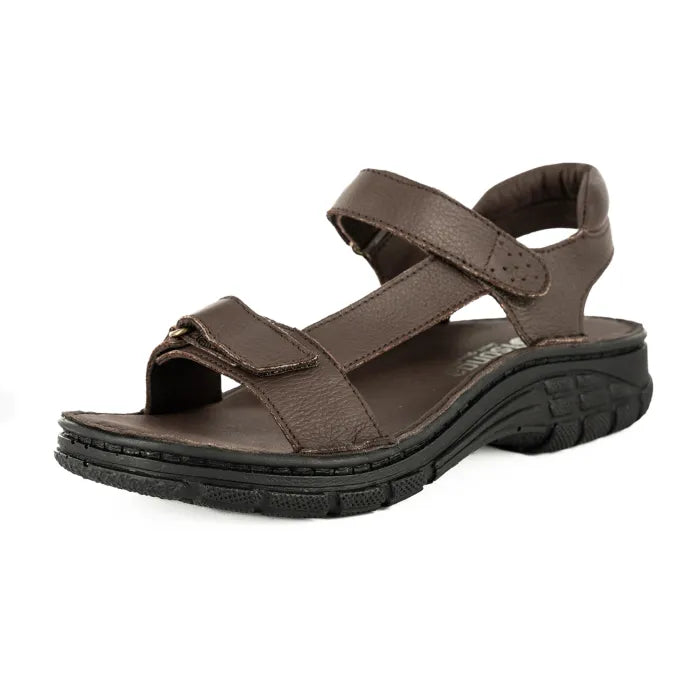 Brown sandal with multiple straps on a white background