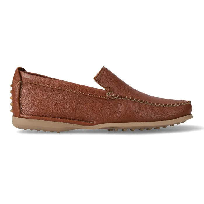 A single brown leather moccasin-style loafer shown in profile against a clean white background.