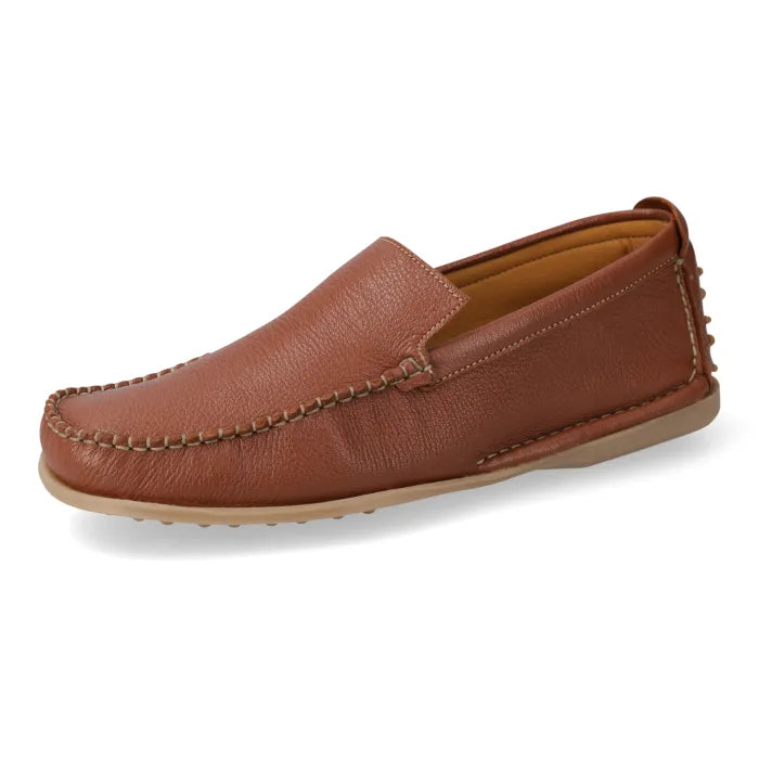 A single brown leather moccasin loafer shown from a side profile view against a clean white background.