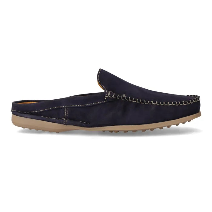 Navy blue velvet men's mules with hand lace detail and a tan sole.