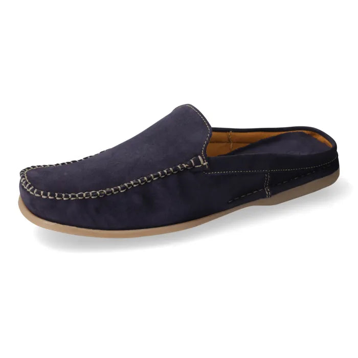 Navy blue velvet men's mules with hand lace detail and a tan sole.