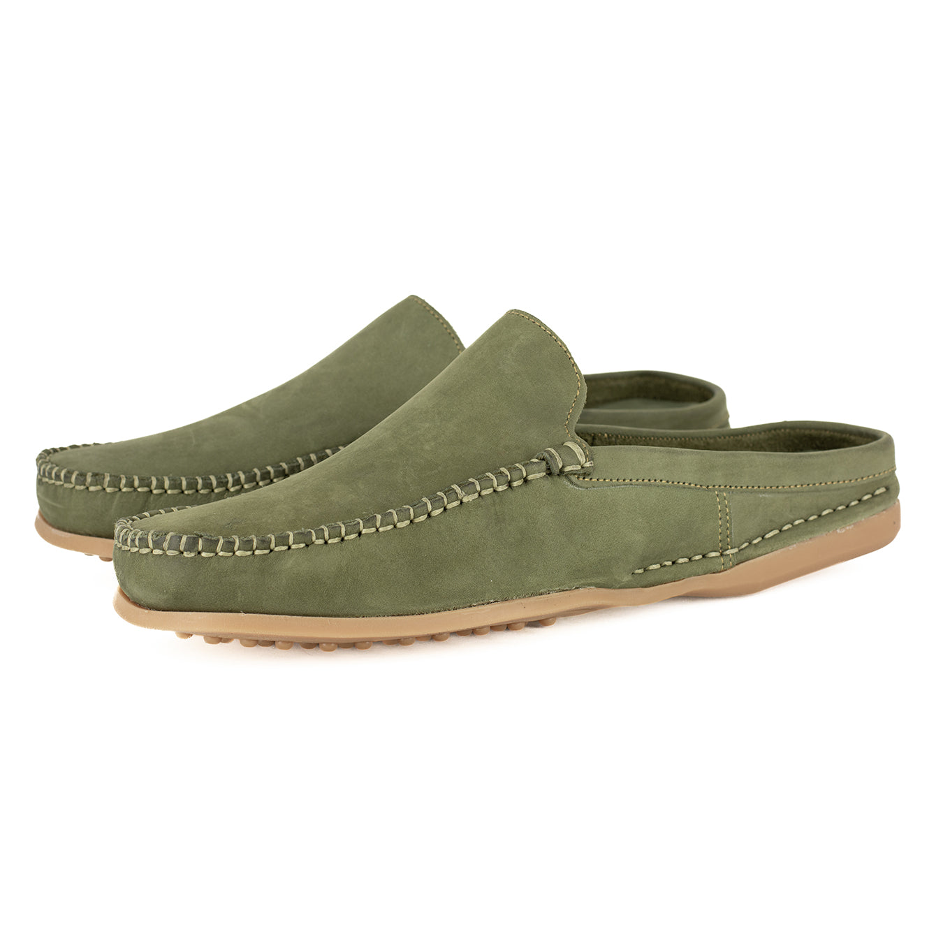 Phazima : Mens Leather Mule in Olive Nubuck