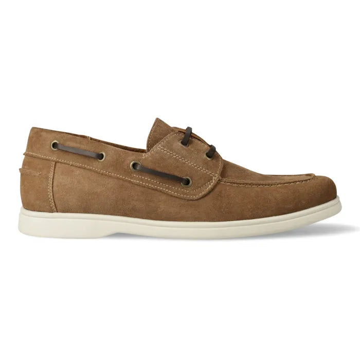 A single men's boat shoe in tan suede with dark brown laces and eyelets, and a white rubber sole, shown on a plain white background.