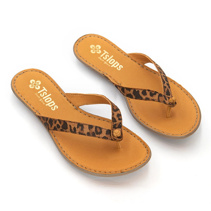 A pair of Tslops flip-flop sandals with tan leather straps and leopard print detailing, displayed on a clean white background.
