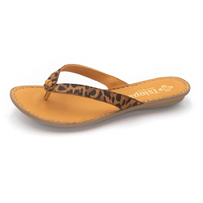 A single women's thong sandal by Tslops, featuring a tan footbed and strap with a brown and black leopard print pattern, shown on a white background.