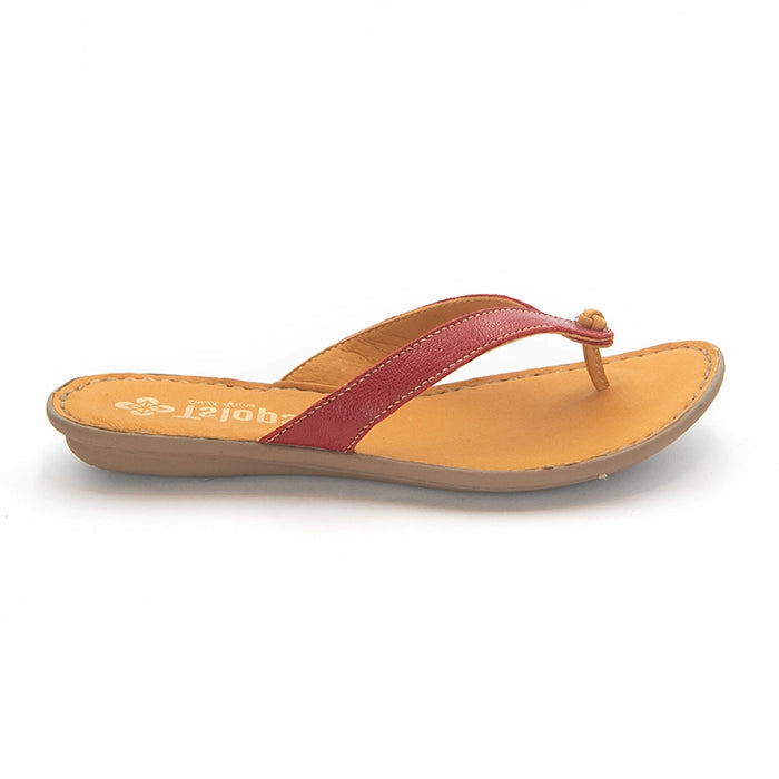 A single women's thong sandal shown in profile on a white background. The sandal features a red leather strap, a tan footbed, and a light brown sole.