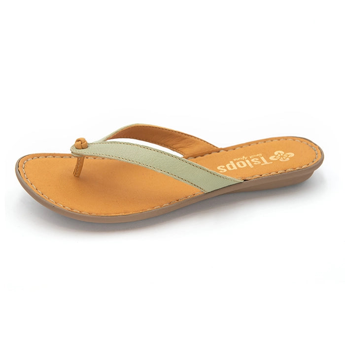 A single women's thong sandal from Tslops, featuring a light sage green strap and a tan footbed, shown from a side profile on a white background.