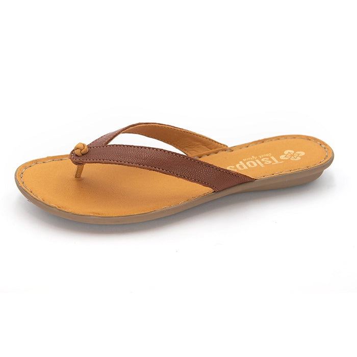A single women's thong sandal with a brown leather strap, tan footbed, and light brown sole, shown on a white background.
