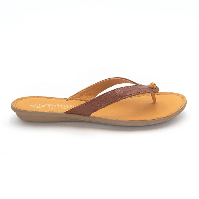 A single brown leather thong sandal with a tan footbed and a light brown sole, shown from a side profile on a white background.