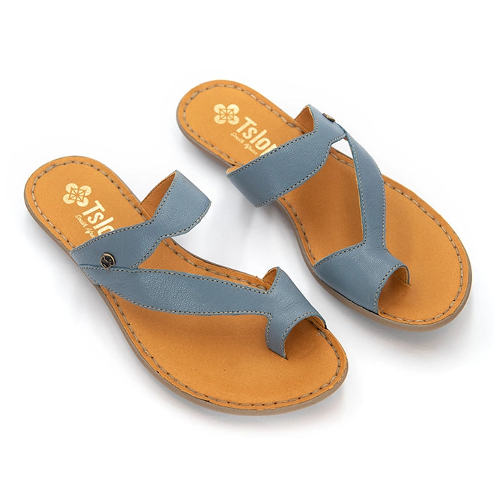 A pair of blue leather thong sandals with tan footbeds, shown on a clean white background. The brand name 'Tslops' is printed in gold on the insole.