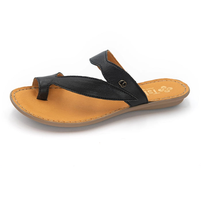 A single black leather sandal with a tan footbed and sole, shown from a side profile on a white background.