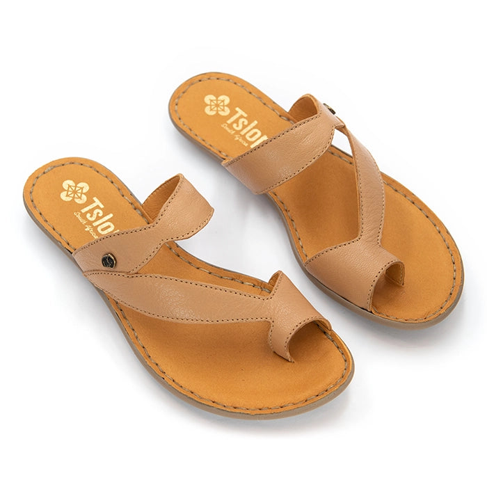 A pair of tan leather thong sandals with adjustable straps and a contoured footbed, shown on a white background. The brand name 'Tslops' is printed on the insole.