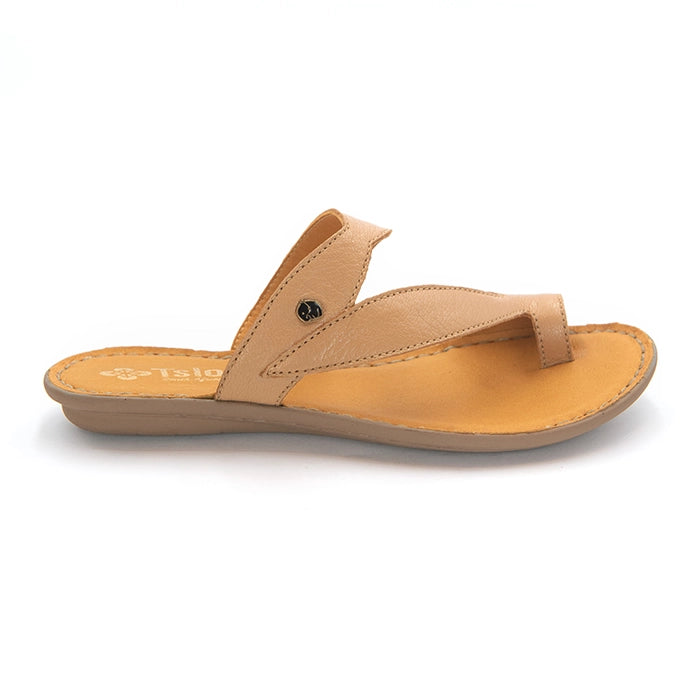 A tan leather thong sandal with a low heel and a small black metal accent on the strap, shown from a side profile on a white background.
