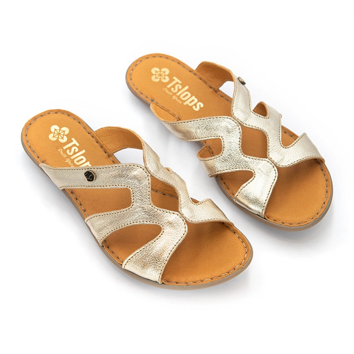 A pair of women's slide sandals with metallic gold cutout straps and a tan footbed, shown on a white background. The brand name 'Tslops' is visible on the insole.